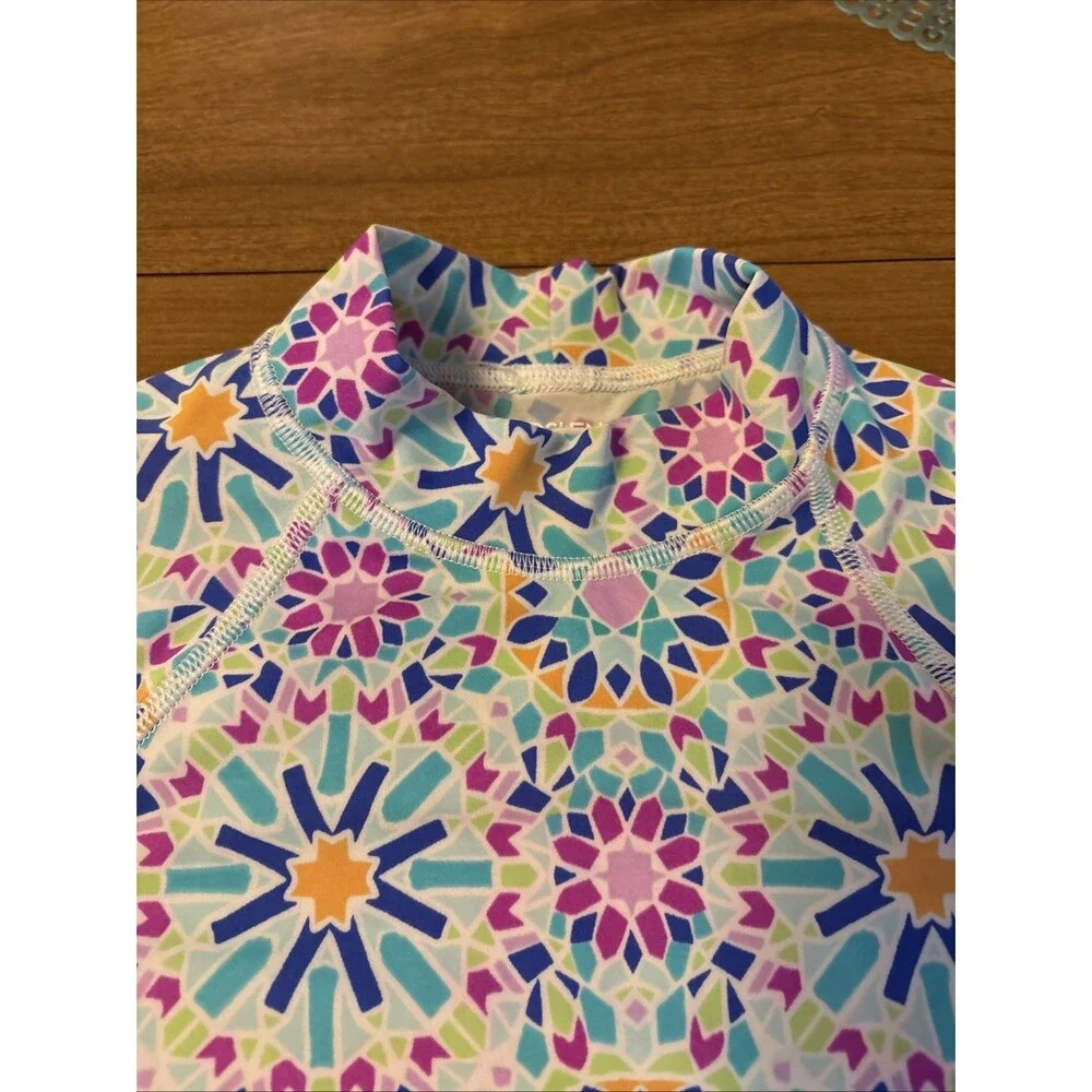 Lands End Girls Rashguard Top Size 10 Floral Multicolor Short Sleeve
